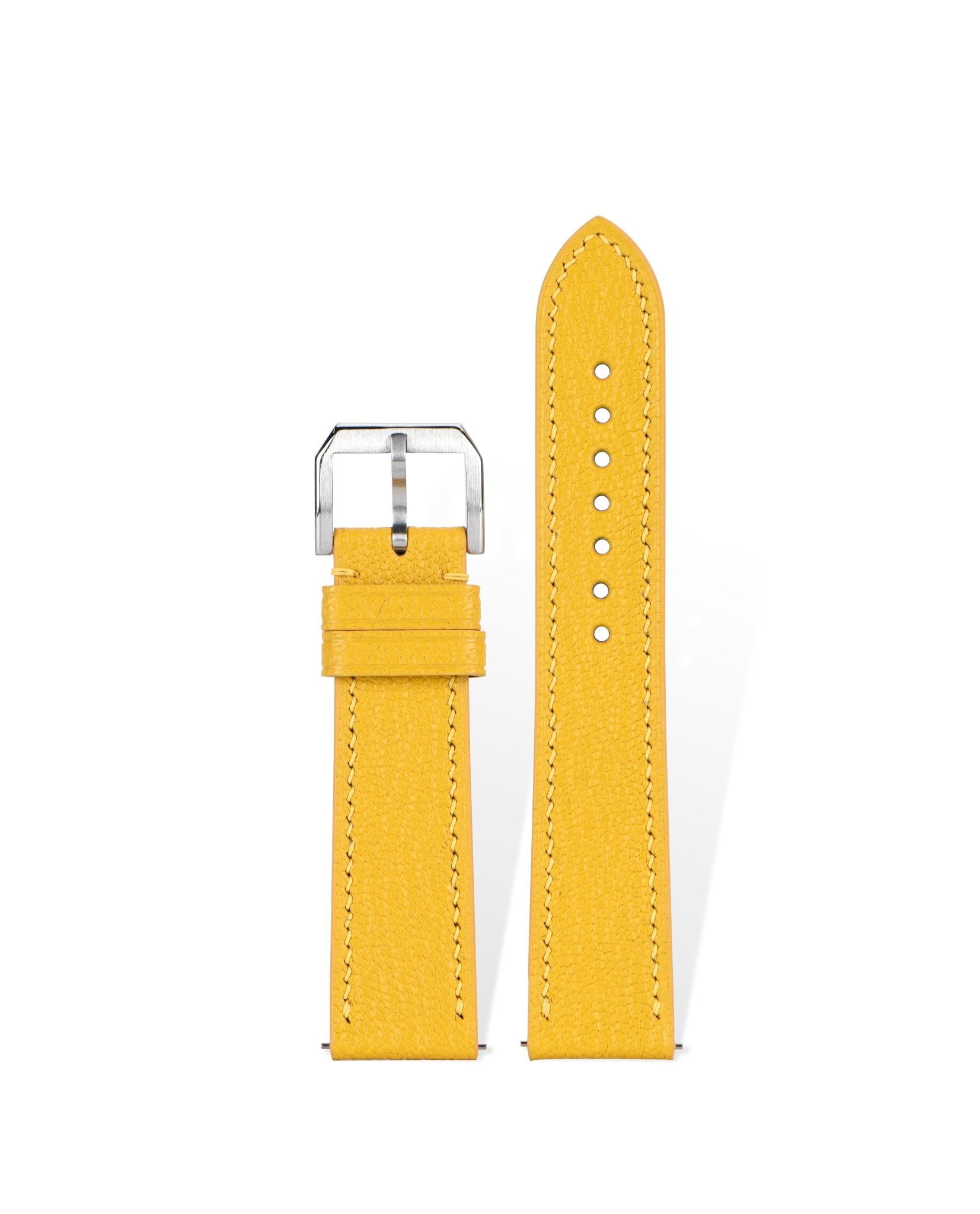 Handcrafted Alran Chevre Sully goatskin strap in Buttery Yellow, quick-release spring bars compatible with 20mm Rolex/Omega lugs, French traditional tannage preserves natural grain.