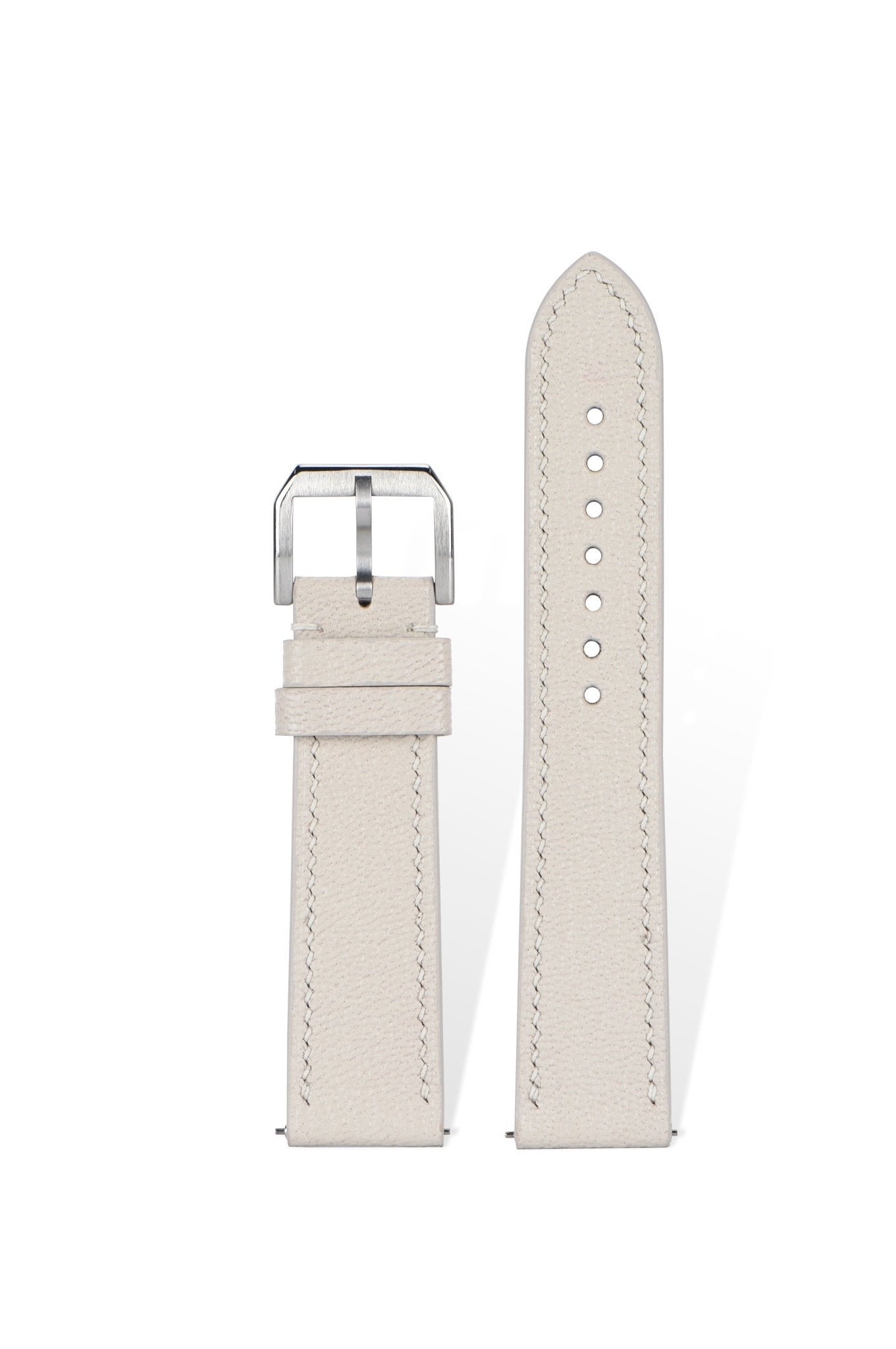 Handcrafted Alran Chevre Sully goatskin strap in Cream White, quick-release spring bars compatible with 20mm Rolex/Omega lugs, French traditional tannage preserves natural grain.
