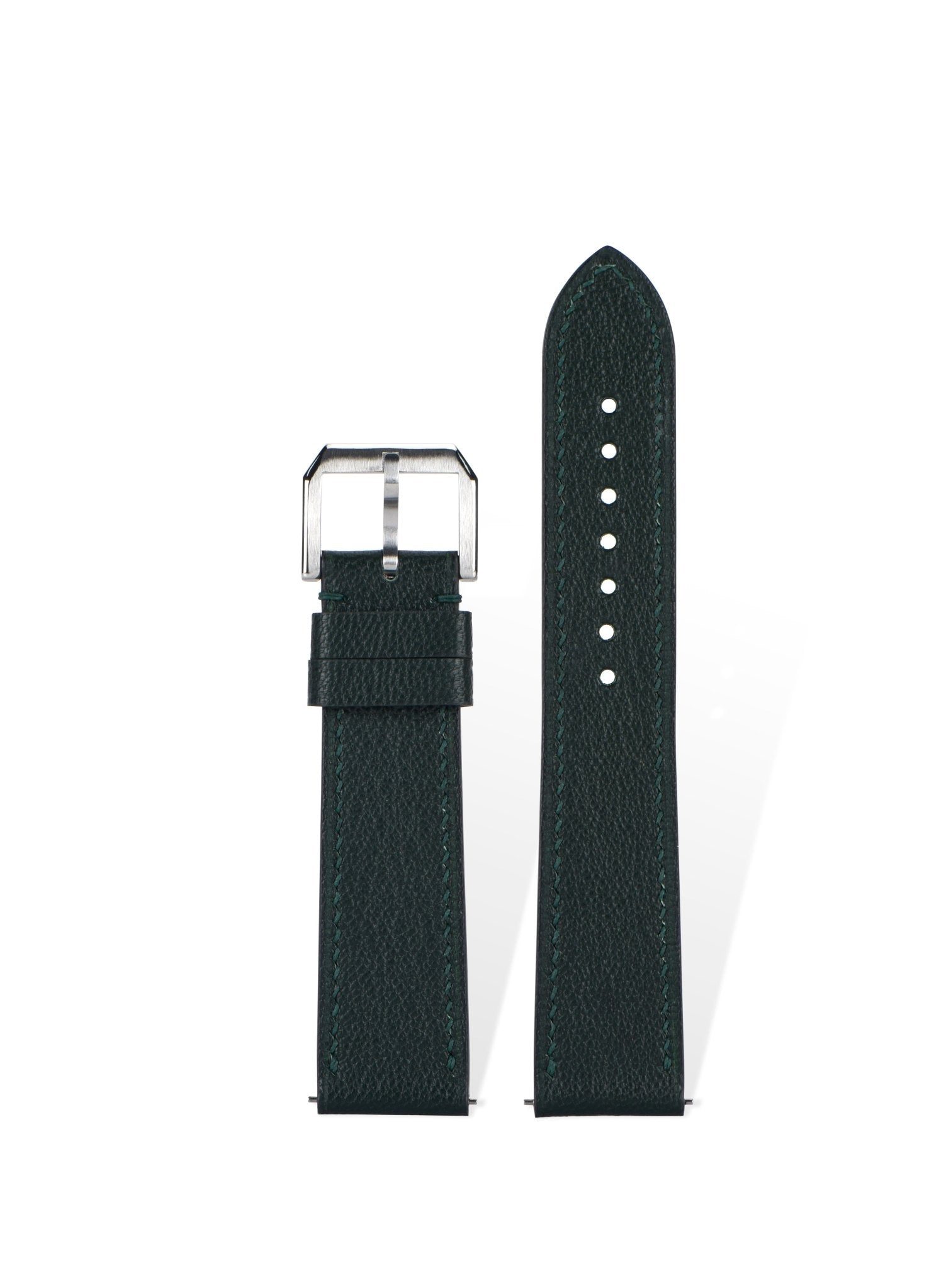 Handcrafted Alran Chevre Sully goatskin strap in Dark Green, quick-release spring bars compatible with 20mm Rolex/Omega lugs, French traditional tannage preserves natural grain.
