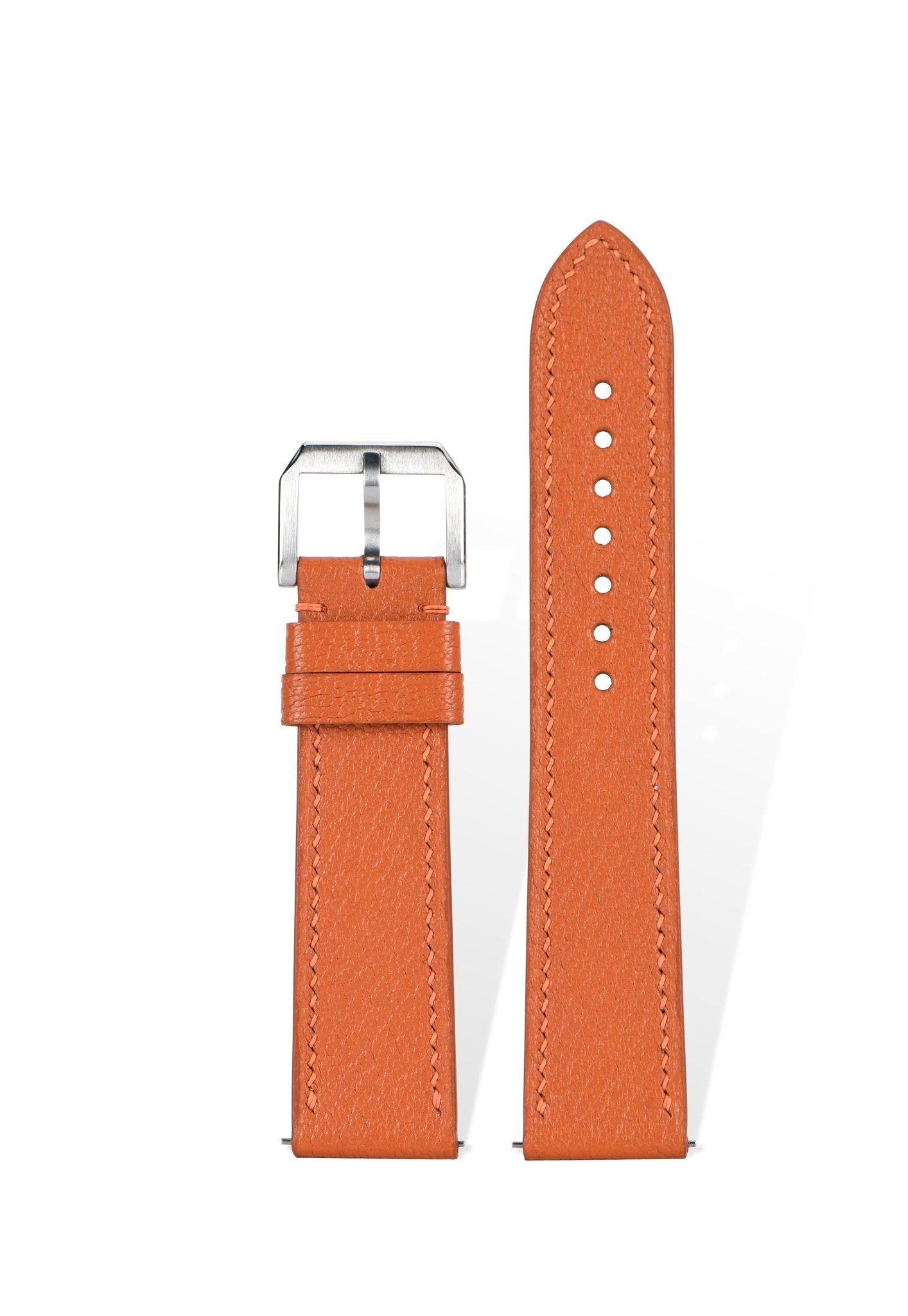 Handcrafted Alran Chevre Sully goatskin strap in Hermès Orange, quick-release spring bars compatible with 20mm Rolex/Omega lugs, French traditional tannage preserves natural grain.