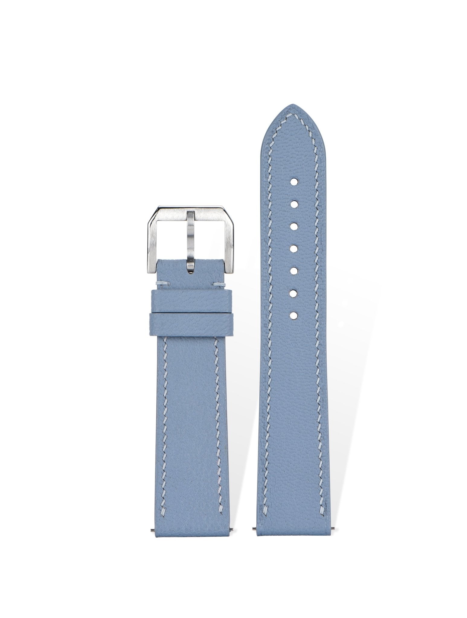 Handcrafted Alran Chevre Sully goatskin strap in Linen Blue, quick-release spring bars compatible with 20mm Rolex/Omega lugs, French traditional tannage preserves natural grain.