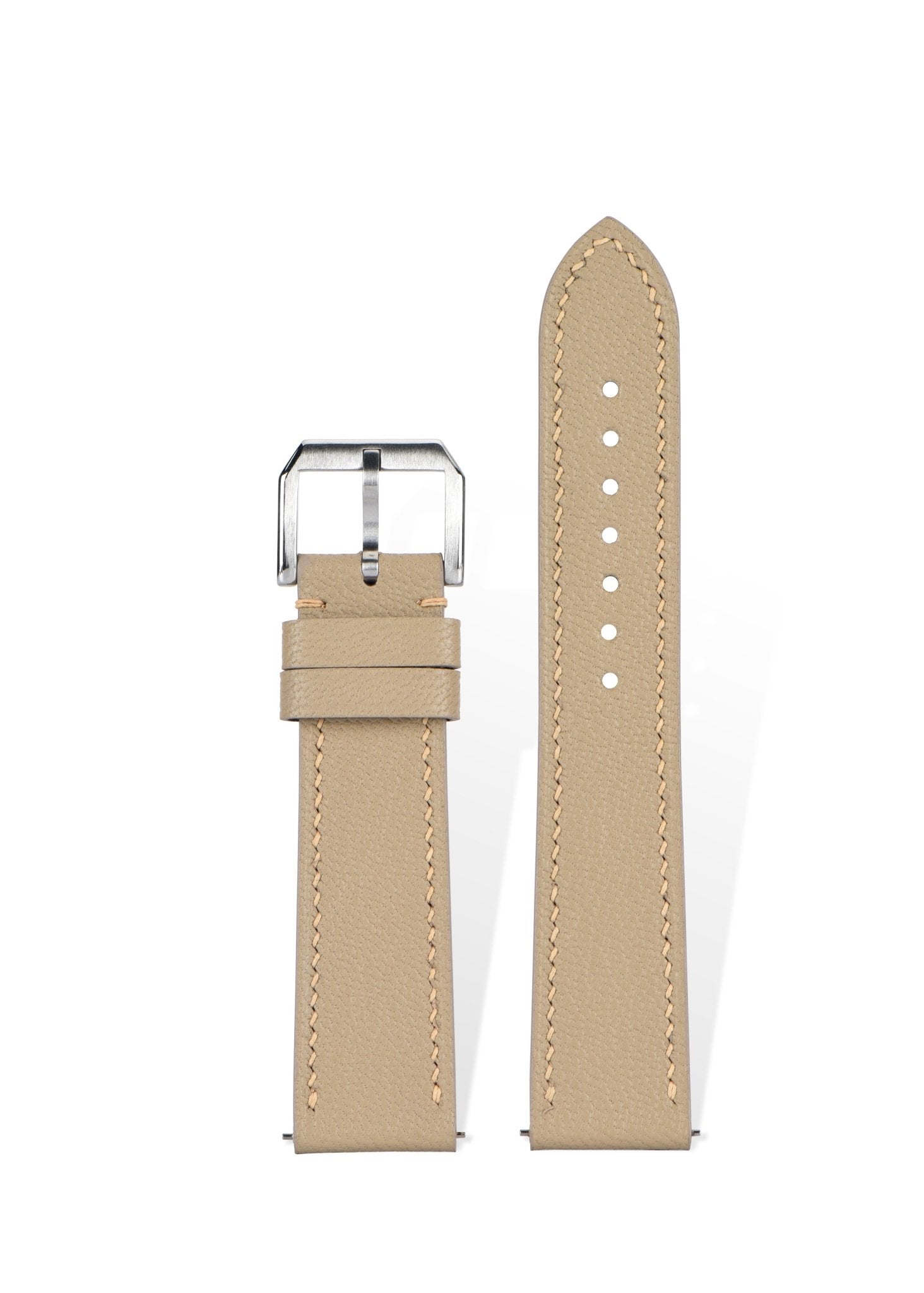 Handcrafted Alran Chevre Sully goatskin strap in Milk Tea Color, quick-release spring bars compatible with 20mm Rolex/Omega lugs, French traditional tannage preserves natural grain.