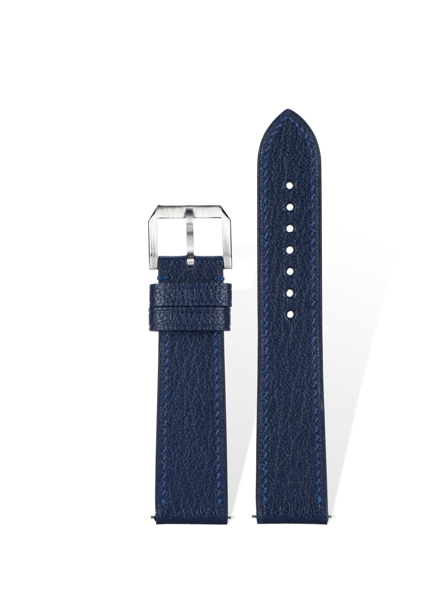 Handcrafted Alran Chevre Sully goatskin strap in Navy Blue, quick-release spring bars compatible with 20mm Rolex/Omega lugs, French traditional tannage preserves natural grain.