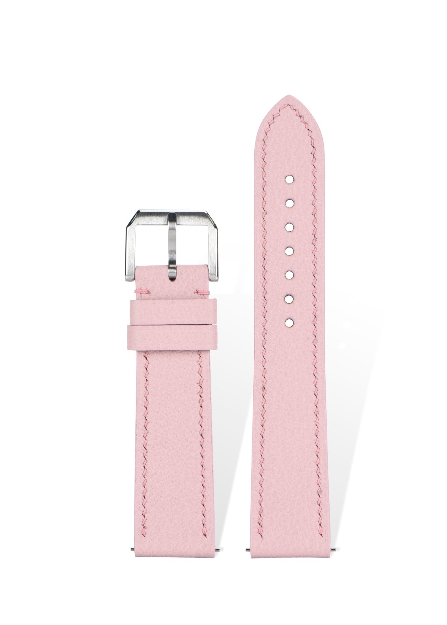 Handcrafted Alran Chevre Sully goatskin strap in Sakura Pink, quick-release spring bars compatible with 20mm Rolex/Omega lugs, French traditional tannage preserves natural grain.