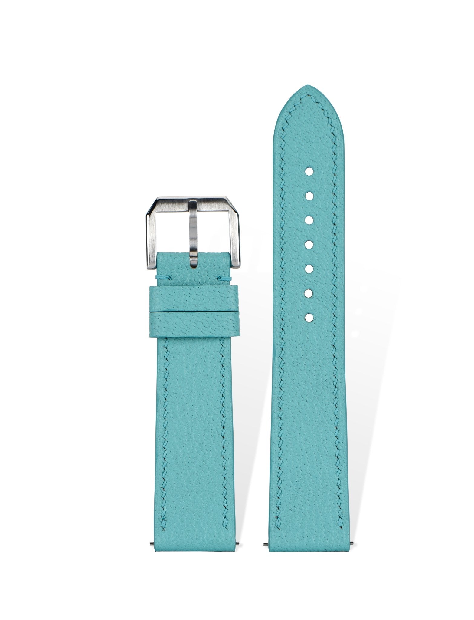 Handcrafted Alran Chevre Sully goatskin strap in Tiffany Blue, quick-release spring bars compatible with 20mm Rolex/Omega lugs, French traditional tannage preserves natural grain.