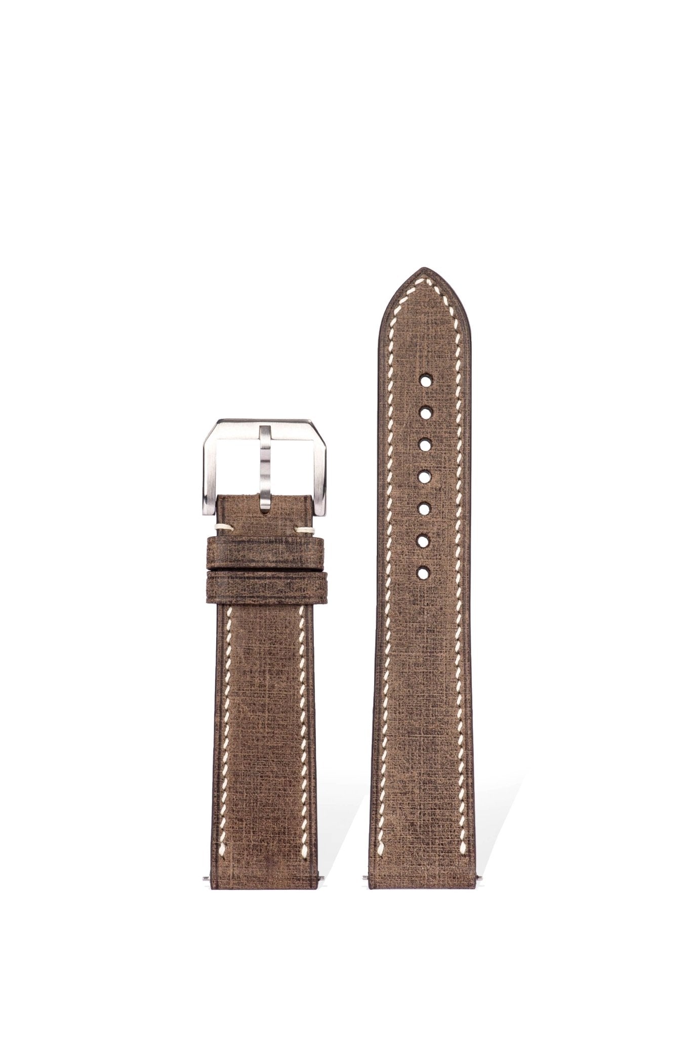 Handcrafted Babele coffee-colored leather strap with linen texture, quick-release spring bars compatible with 20mm Omega/Rolex/IWC lugs, Italian blended tanning process, 2.3mm slim design & engraving customization.