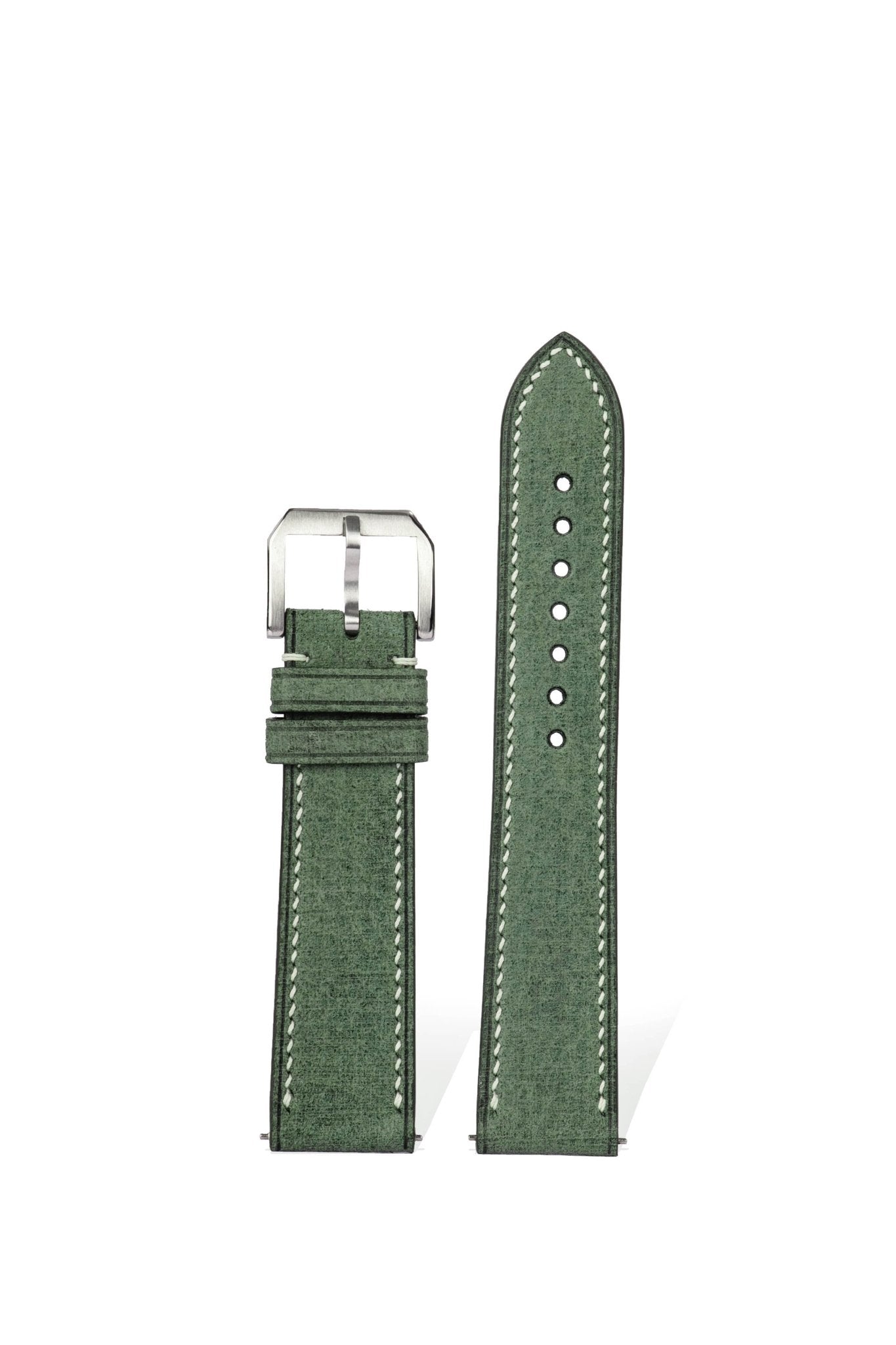 Handcrafted Babele emerald green linen-textured leather strap with quick-release spring bars, compatible with 20mm Omega/Rolex/IWC lugs, Italian blended tanning process & Pantone 18-6024 TCX, 2.3mm slim design & engraving customization.