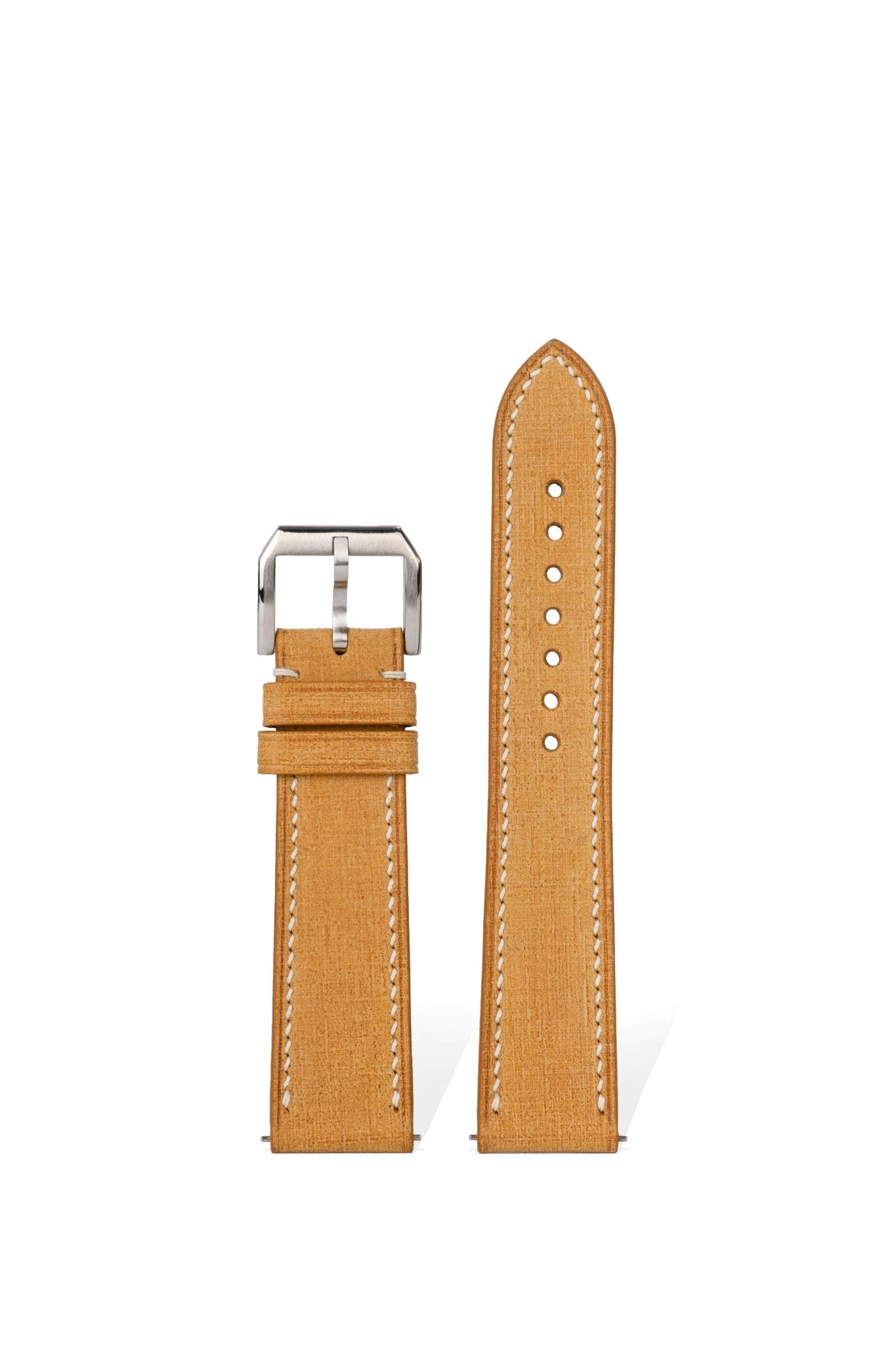 Handcrafted Babele gold brown linen-textured leather strap with quick-release spring bars, compatible with 20mm Omega/Rolex/IWC lugs, Italian blended tanning process & Pantone 18-1038, 2.3mm slim design.