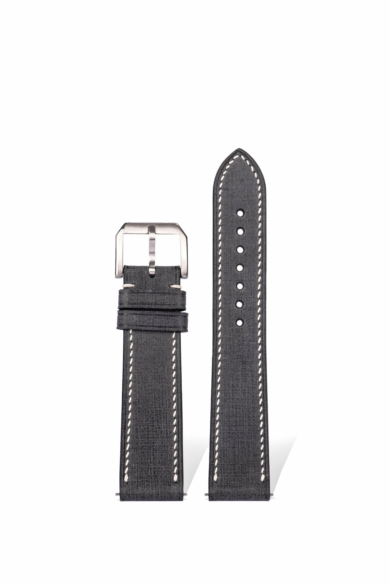 Handcrafted black Babele leather strap with linen texture, quick-release spring bars compatible with 20mm Omega/Rolex/IWC lugs, Italian waxed finish, 2.3mm slim design & engraving customization.