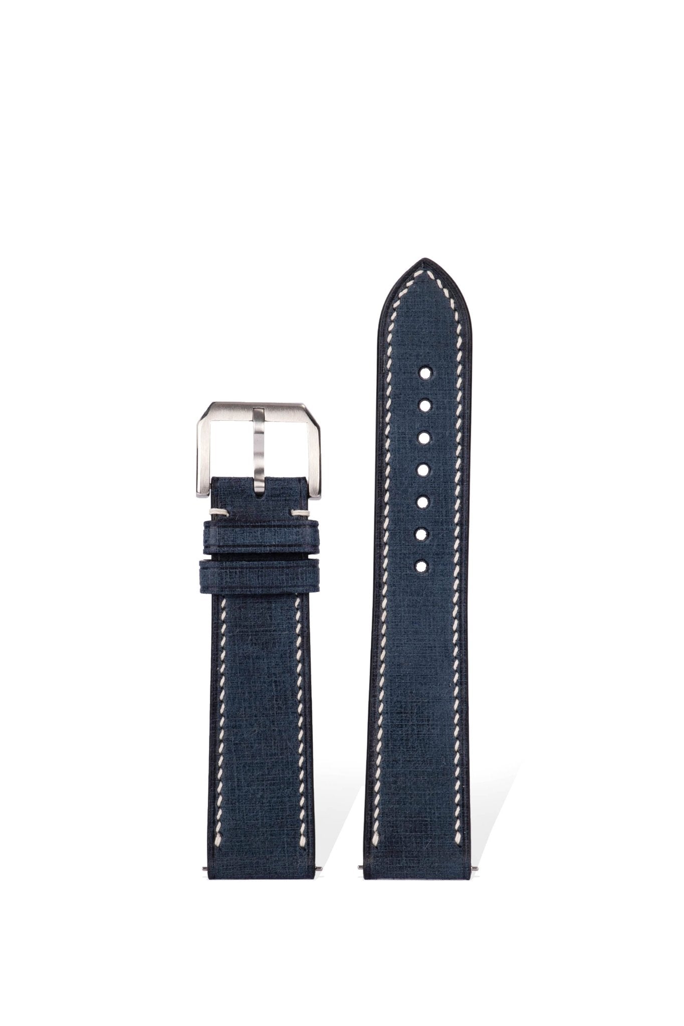 Handcrafted Babele navy blue linen-textured leather strap with quick-release spring bars, compatible with 20mm Omega/Rolex/IWC lugs, Italian blended tanning process & Pantone 19-3832 TCX, 2.3mm slim design & engraving customization.