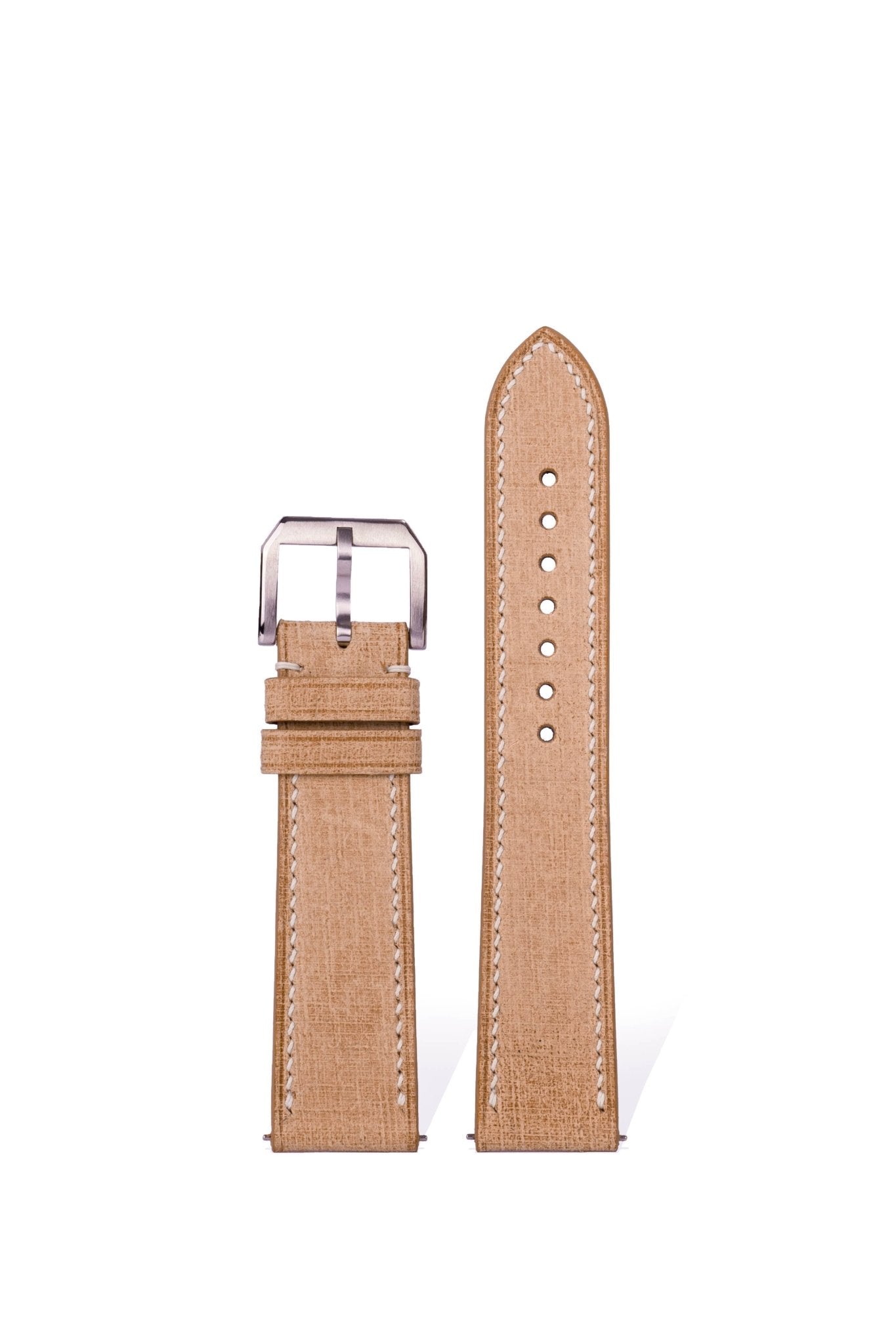 Handcrafted Babele linen-textured leather strap in natural undyed color, Italian vegetable-tanned process, compatible with 20mm Omega/Rolex/IWC lugs, quick-release spring bars preserve original grain texture.