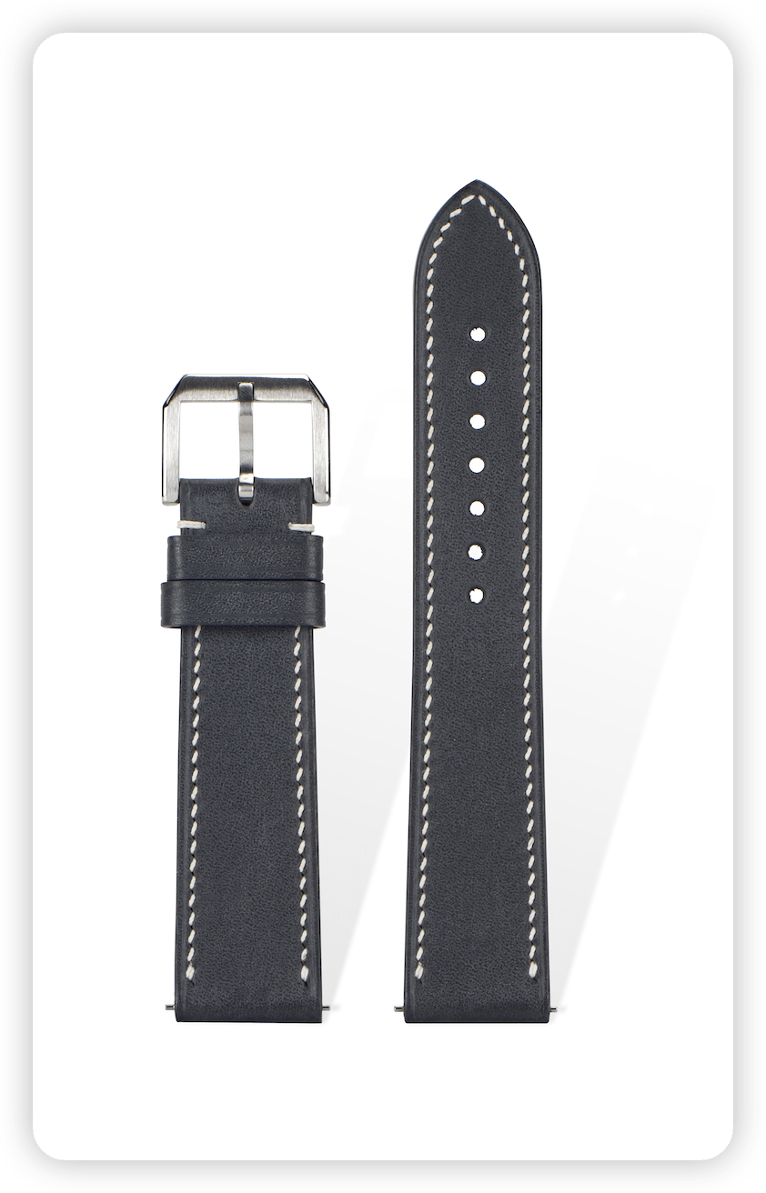 Handcrafted Barenia light brown leather strap in Elephant Grey, quick-release spring bars compatible with 20mm Rolex lugs, French vegetable-tanned with dual-hole reinforcement.