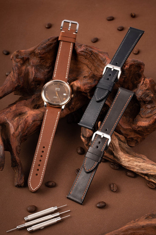 Handcrafted Barenia leather casual watch straps (dark brown/black) with stainless steel buckles, compatible with 20mm Omega,Rolex,Breitling,IWC lugs, French traditional tanning for supple feel, engraving & hole customization.