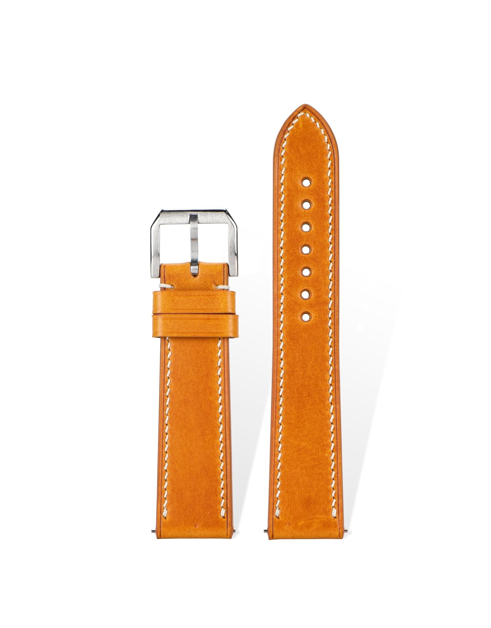 Handcrafted Buttero vegetable-tanned leather strap with Pantone 12-0752 yellow stitching, quick-release spring bars compatible with 20mm lugs, Italian century-old tanning process.