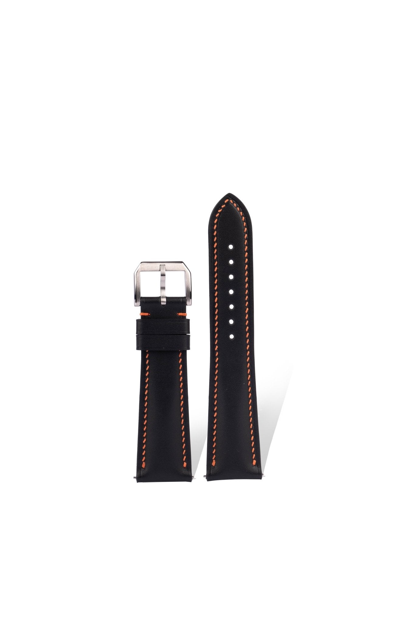 Handcrafted Celine-Style calfskin strap with Pantone Black 6 C & 151 C orange stitching, quick-release spring bars compatible with 20mm Rolex/Omega lugs, French high-density vegetable tanning.