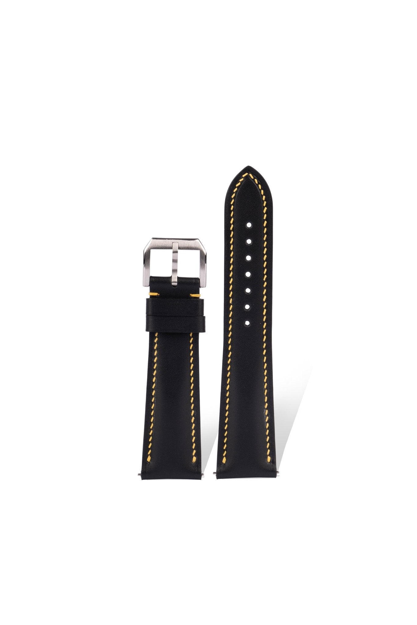 Handcrafted Celine-Style calfskin strap with Pantone Black 6 C & 151 C yellow stitching, quick-release spring bars compatible with 20mm Rolex/Omega lugs, French high-density vegetable tanning.