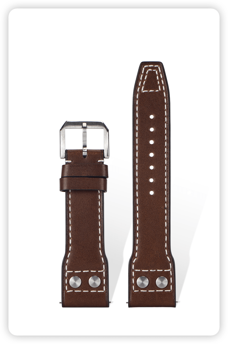 Handcrafted Celine Thin-Grained calfskin strap with pilot rivets and double-stitching,Drak Brown, quick-release spring bars compatible with 20mm lugs, French vegetable-tanned leather.