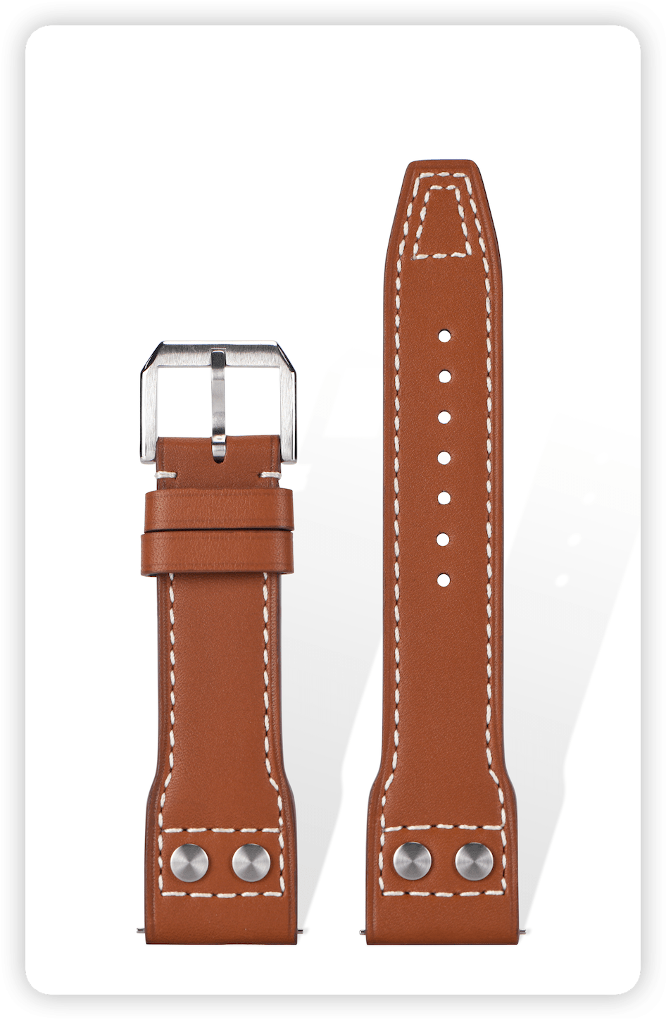 Handcrafted Celine Thin-Grained calfskin strap with pilot rivets and double-stitching, Golden Brown, quick-release spring bars compatible with 20mm lugs, French vegetable-tanned leather.