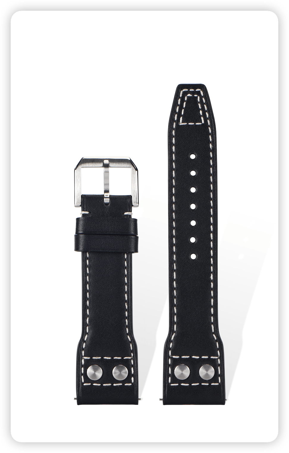 Handcrafted Celine Thin-Grained calfskin strap with pilot rivets and double-stitching, Pantone 19-0322 Black, quick-release spring bars compatible with 20mm lugs, French vegetable-tanned leather.