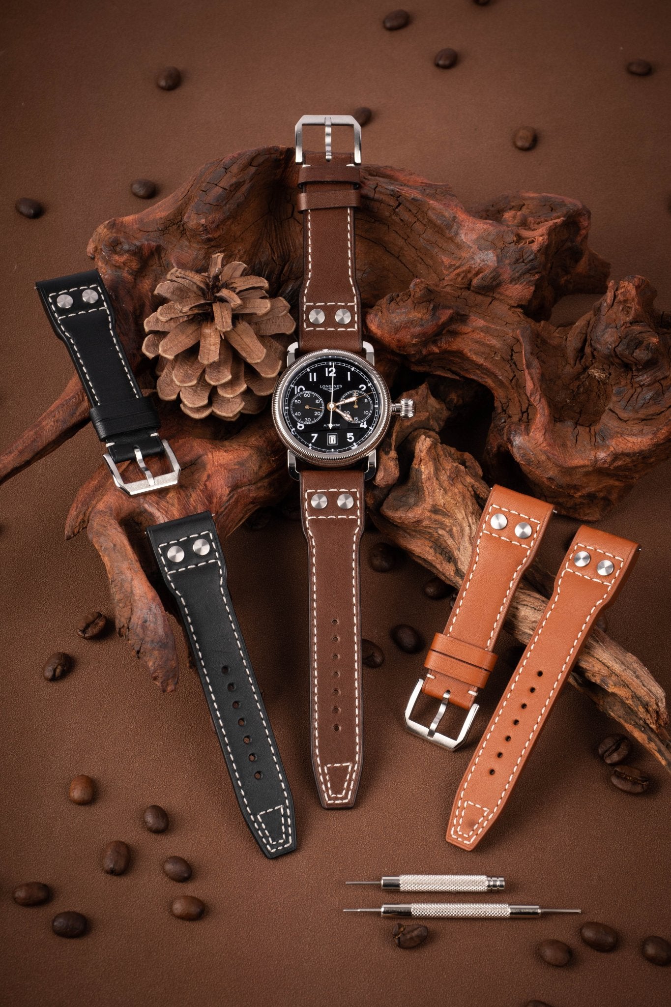Handcrafted Celine thin-grained calfskin pilot straps (espresso brown/amber orange) with steel rivets, compatible with 20mm Omega,Rolex,Breitling,IWC lugs, vintage distressing technique, custom engraving & hole positions.