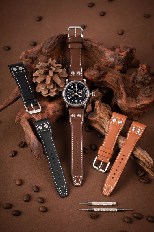 Handcrafted Celine thin-grained calfskin pilot straps (espresso brown/amber orange) with steel rivets, compatible with 20mm Omega,Rolex,Breitling,IWC lugs, vintage distressing technique, custom engraving & hole positions.