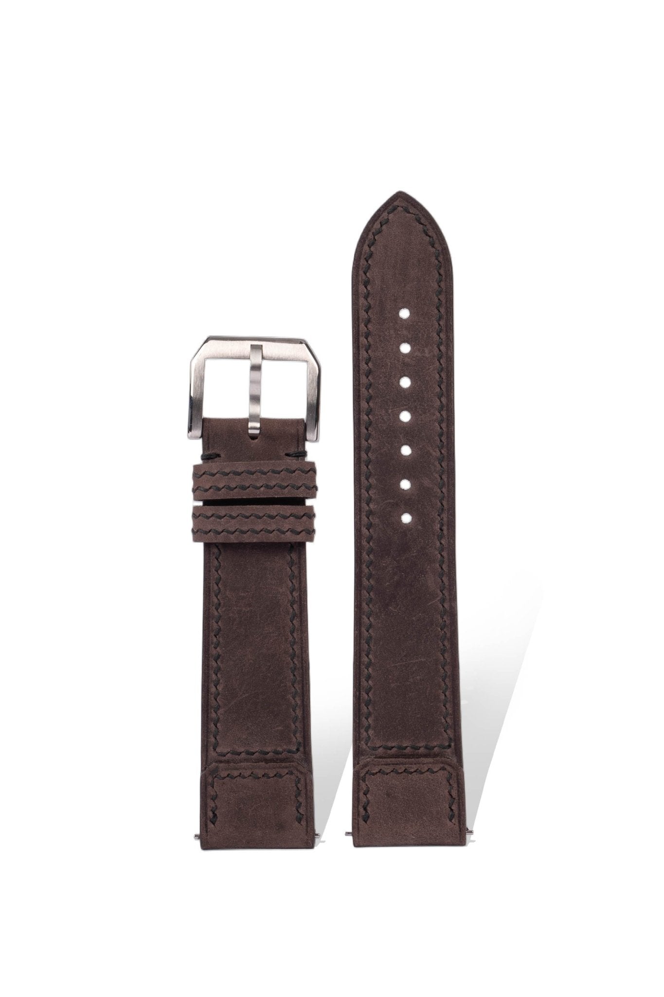 Handcrafted Crazy Horse leather strap in Pantone 19-3908 Carbon Purple, quick-release spring bars compatible with 20mm Rolex/Omega lugs, French oil-tanned with natural pull-up effect.