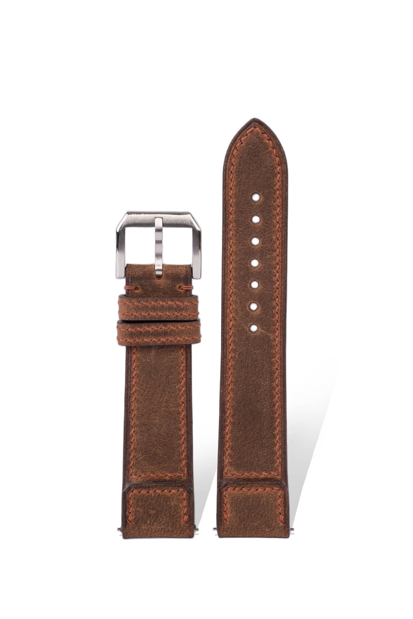 Handcrafted Crazy Horse leather strap in Gold, quick-release spring bars compatible with 20mm Rolex/Omega lugs, French oil-tanned with natural pull-up effect.