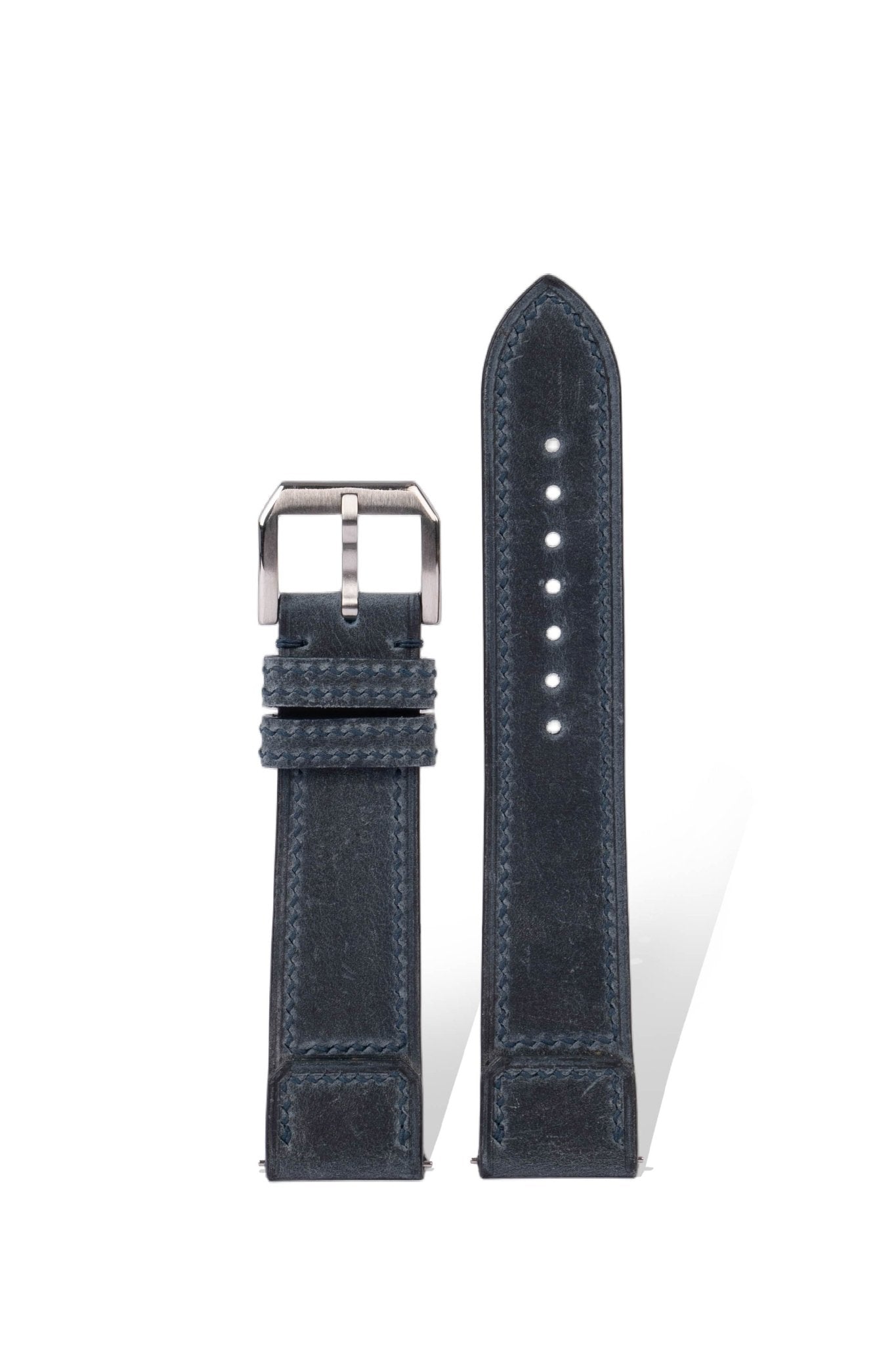 Handcrafted Crazy Horse leather strap in Pantone 19-3908 Peacock Blue, quick-release spring bars compatible with 20mm Rolex/Omega lugs, French oil-tanned with natural pull-up effect.