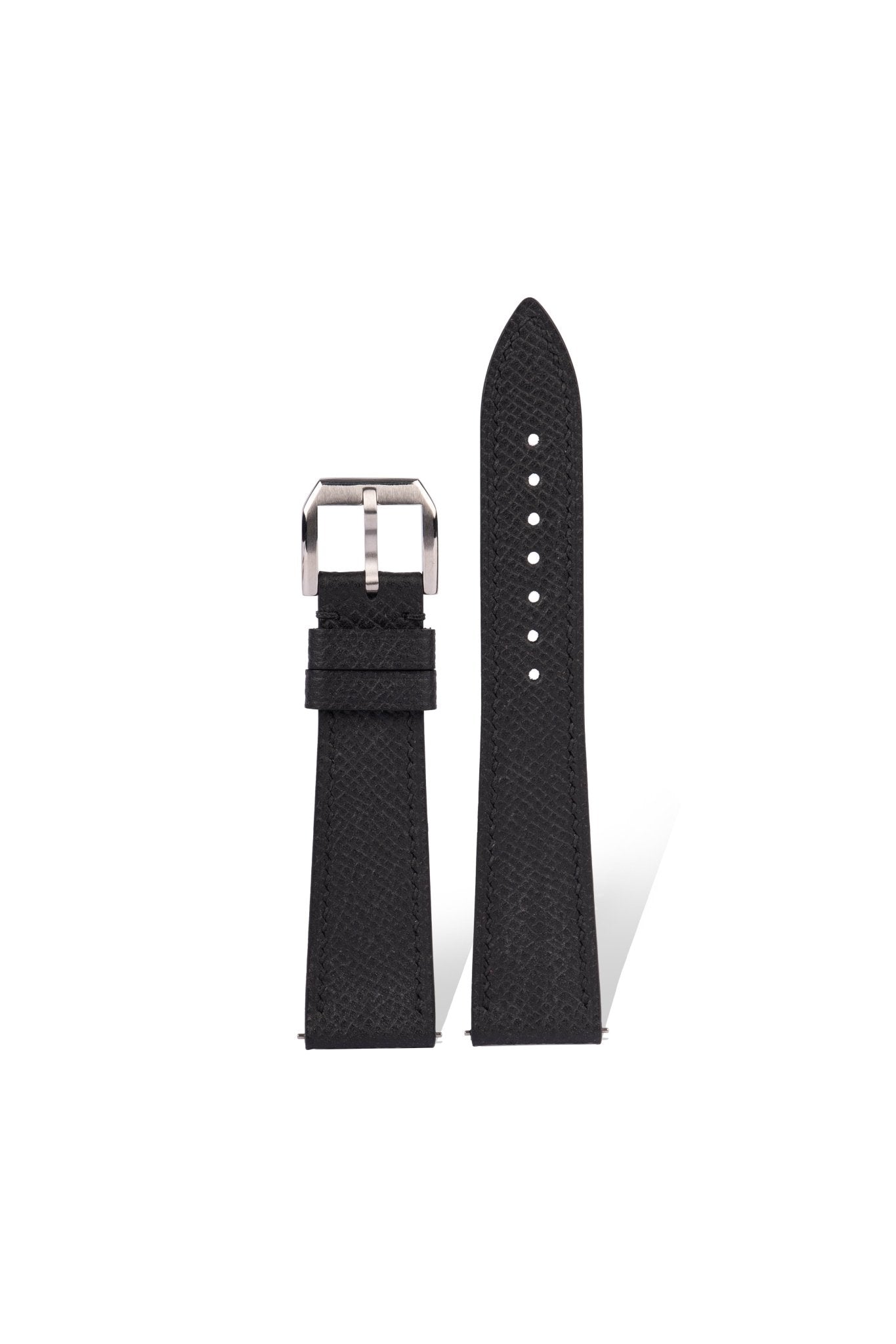 Handcrafted EPSOM calfskin strap with palm-grain texture in Pantone 18-0527 Black, quick-release spring bars compatible with 20mm Rolex/Omega lugs, French vegetable-tanned leather.