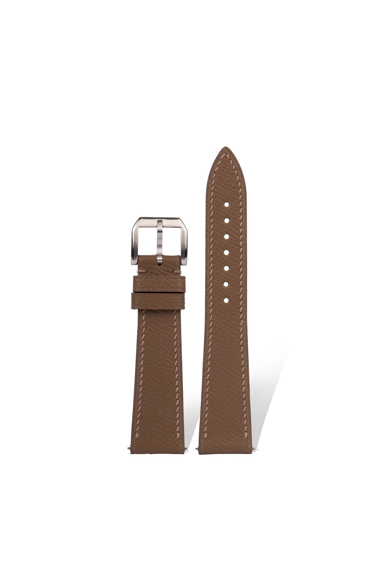 Handcrafted EPSOM calfskin strap with palm-grain texture in Pantone 18-0527 Elephant Grey, quick-release spring bars compatible with 20mm Rolex/Omega lugs, French vegetable-tanned leather.