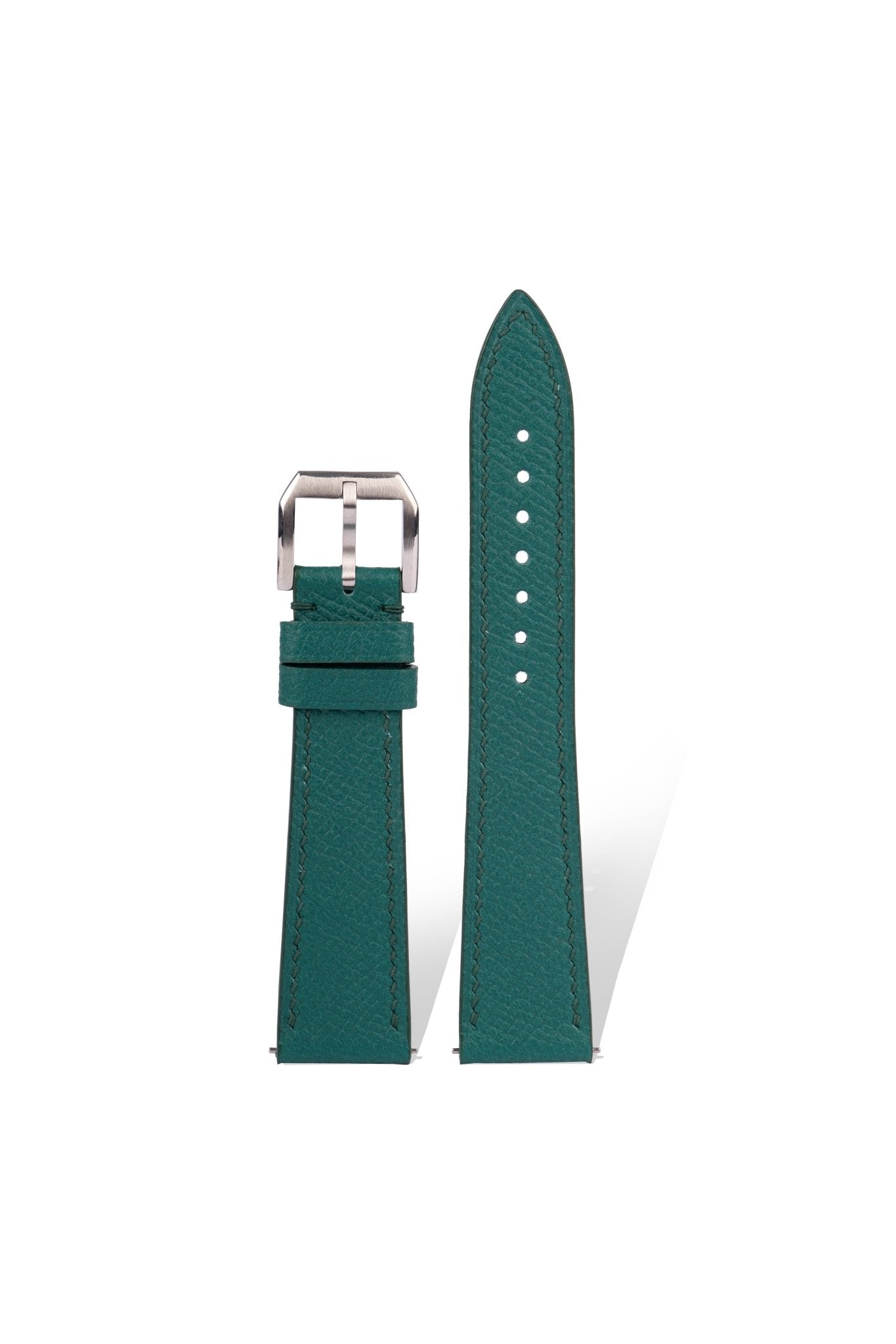Handcrafted EPSOM calfskin strap with palm-grain texture in Pantone 18-0527 Olive Green, quick-release spring bars compatible with 20mm Rolex/Omega lugs, French vegetable-tanned leather.