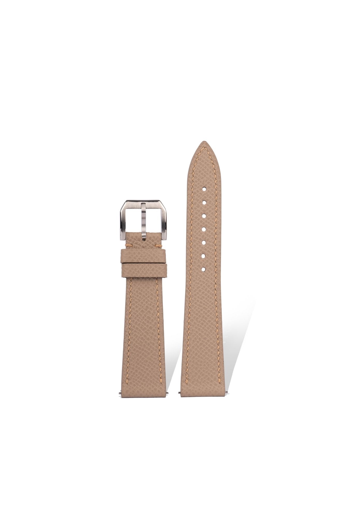 Handcrafted EPSOM calfskin strap with palm-grain texture in Pantone 18-0527 Trench Coat Grey, quick-release spring bars compatible with 20mm Rolex/Omega lugs, French vegetable-tanned leather.