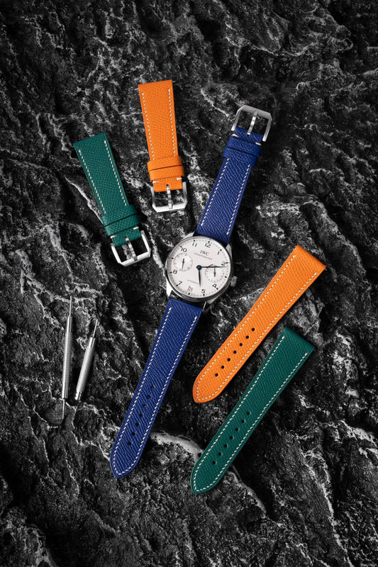 Handcrafted Epsom textured leather straps (coral orange/peacock blue/mint green) compatible with 20mm Omega,Rolex,Breitling,IWC lugs, Hermès-inspired Epsom embossing, custom engraving & hole positions.