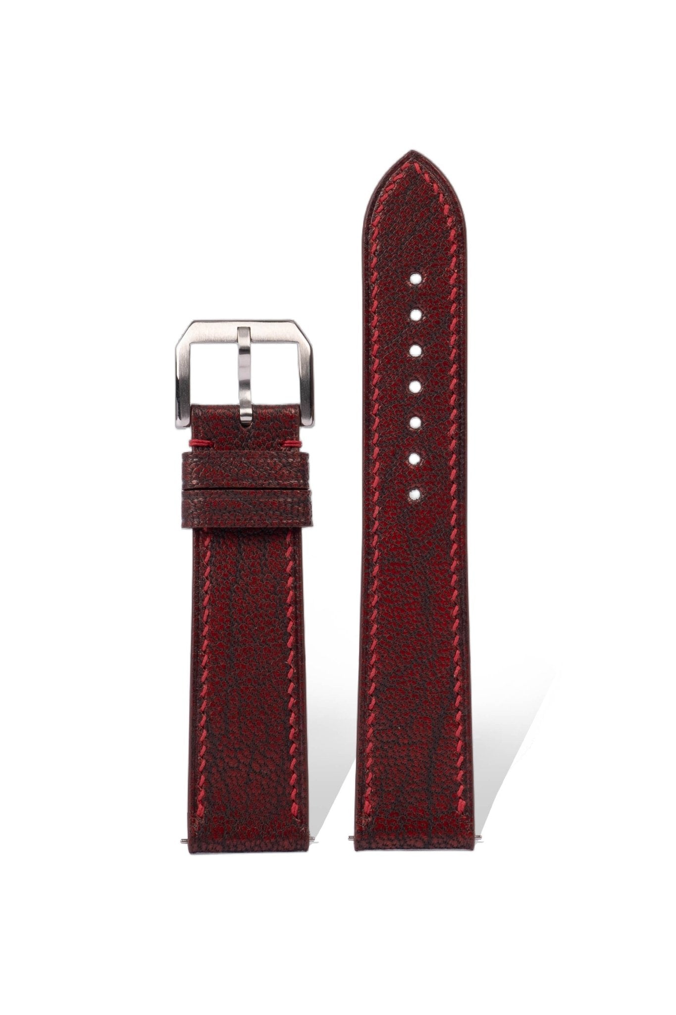 Handcrafted French PATNAT Primordial goatskin strap in Pantone 18-1550 Flint Red, quick-release spring bars compatible with 20mm Rolex/Omega/Vacheron lugs, traditional French tannage preserves natural grain.