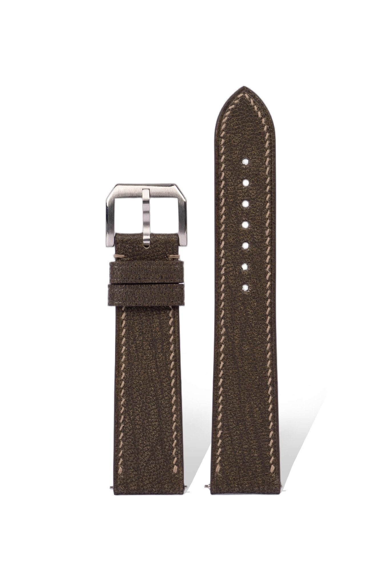 Handcrafted French PATNAT Primordial goatskin strap in Pantone 18-1031 Light Brown, quick-release spring bars compatible with 20mm Rolex/Omega/Vacheron lugs, traditional French tannage preserves natural grain.