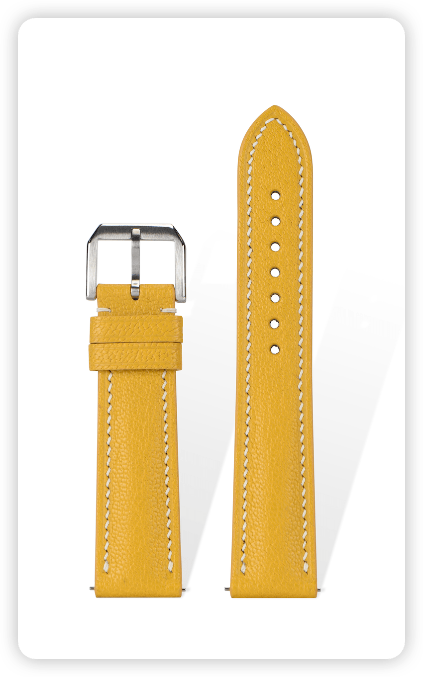 Handcrafted goat leather strap in Pantone 14-1048 Butterscotch Yellow, double-stitched 3mm density, quick-release spring bars compatible with 20mm Rolex lugs, French vegetable-tanned with natural grain texture.