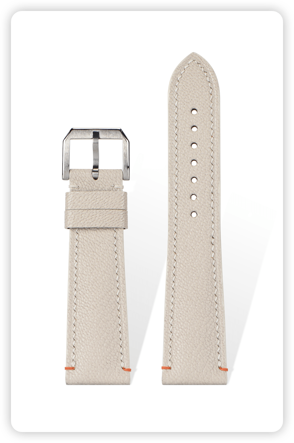Handcrafted goat leather strap in Milkshake White, double-stitched 3mm density, quick-release spring bars compatible with 20mm Rolex lugs, French vegetable-tanned with natural grain texture.