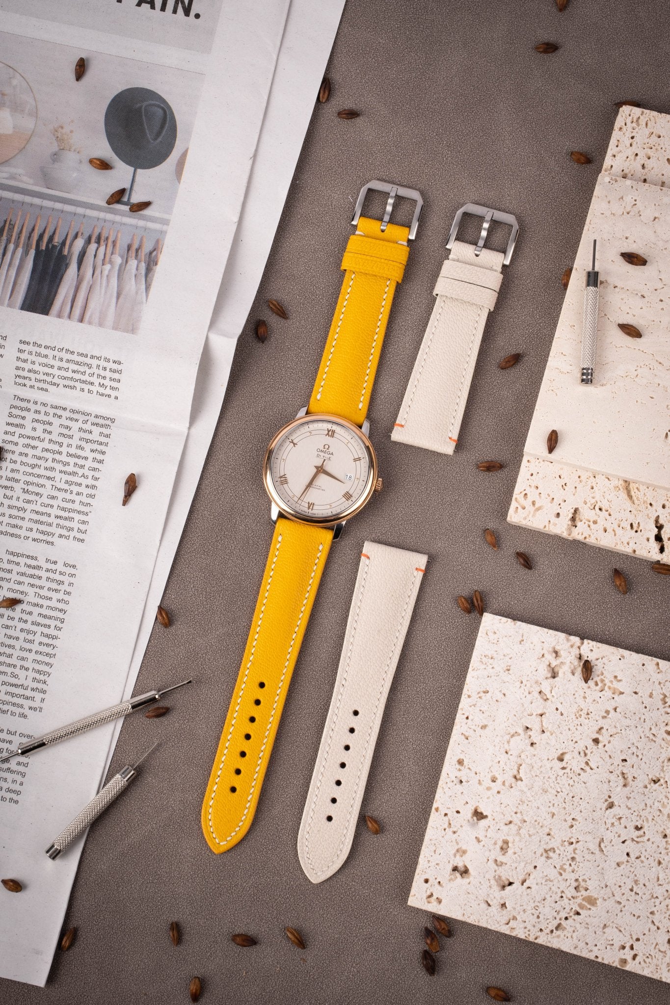 Vibrant goat leather watch straps (sunlight yellow/pearl white) handmade for 20mm Omega,Rolex,Breitling,IWC lugs, French vegetable-tanned with supple texture, engraving & hole customization available.