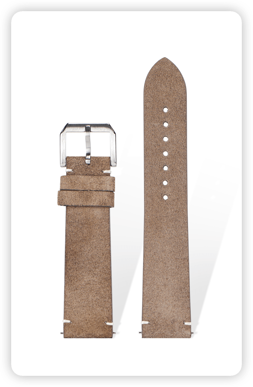 Handcrafted suede strap in Coconut, quick-release spring bars compatible with 20mm Rolex lugs, French vegetable-tanned with dual-hole reinforcement.