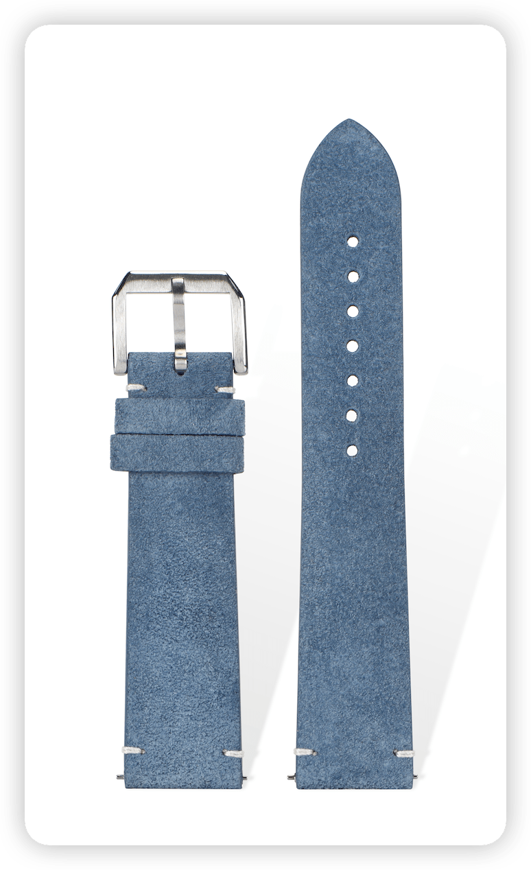Handcrafted suede strap in Indigo Blue, quick-release spring bars compatible with 20mm Rolex lugs, French vegetable-tanned with dual-hole reinforcement.