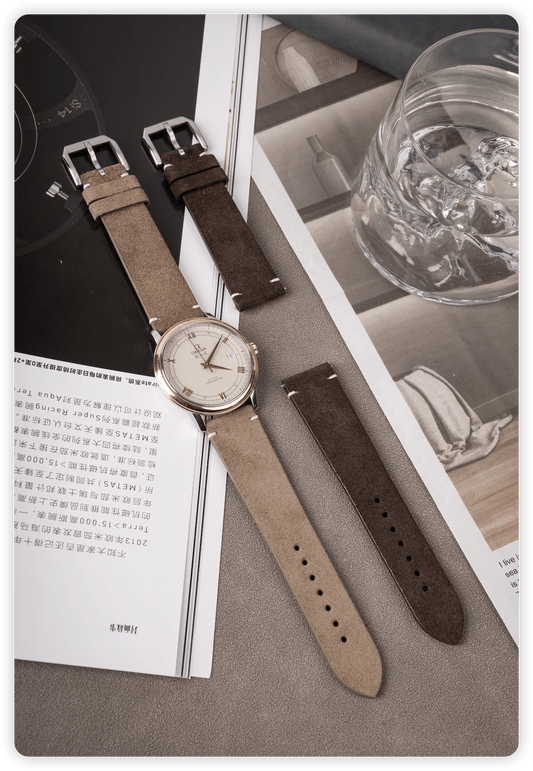 Handcrafted suede & genuine leather watch straps (light/dark brown) compatible with 20-22mm Omega, Rolex, Breitling, IWC lugs, Italian-tanned leather with stainless steel buckles, custom engraving available.
