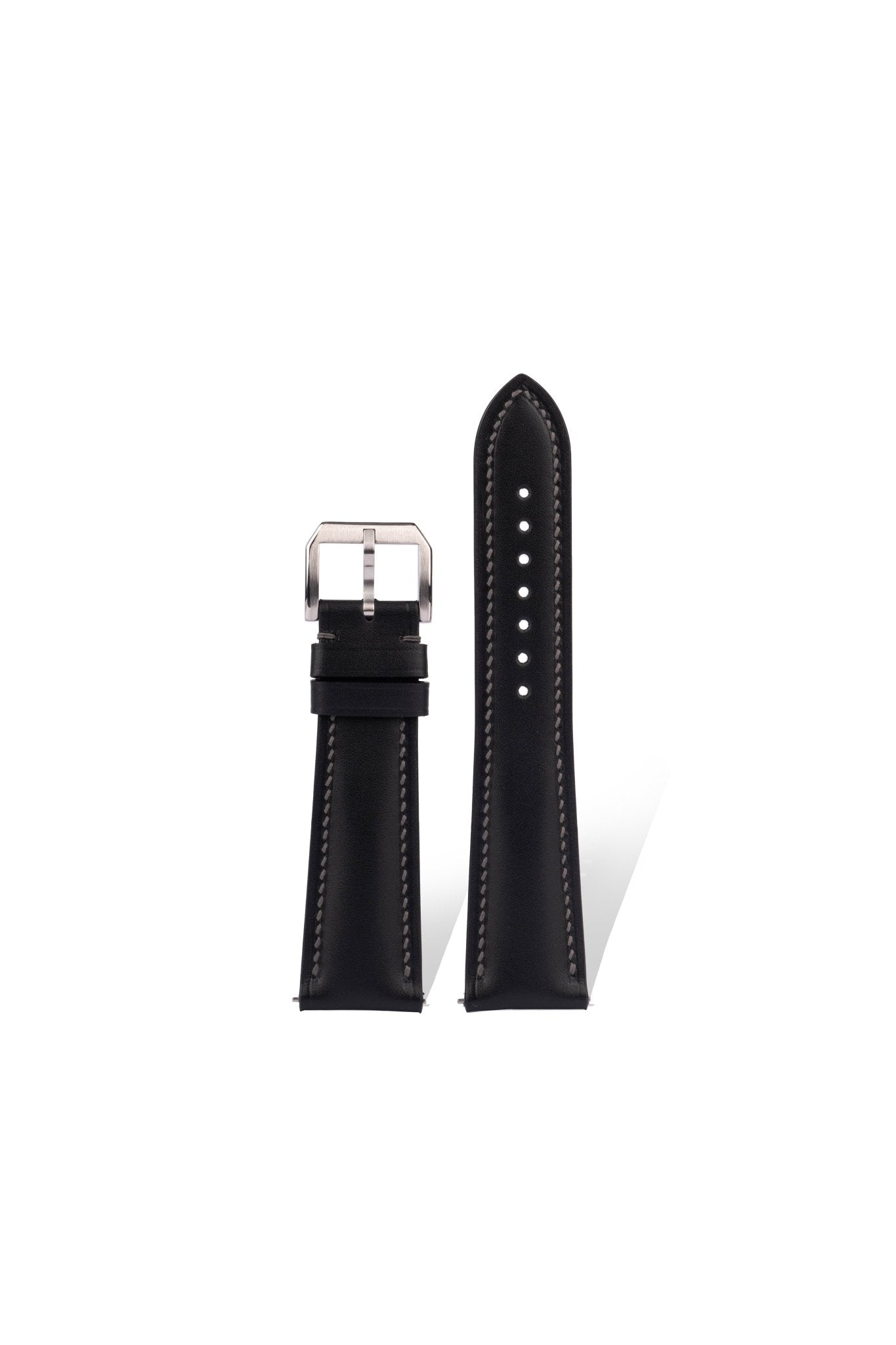 Handcrafted black Celine-Style calfskin strap with haute texture, quick-release spring bars compatible with 20mm Rolex/Omega lugs, Pantone Black 6 C & French high-density tanning process.