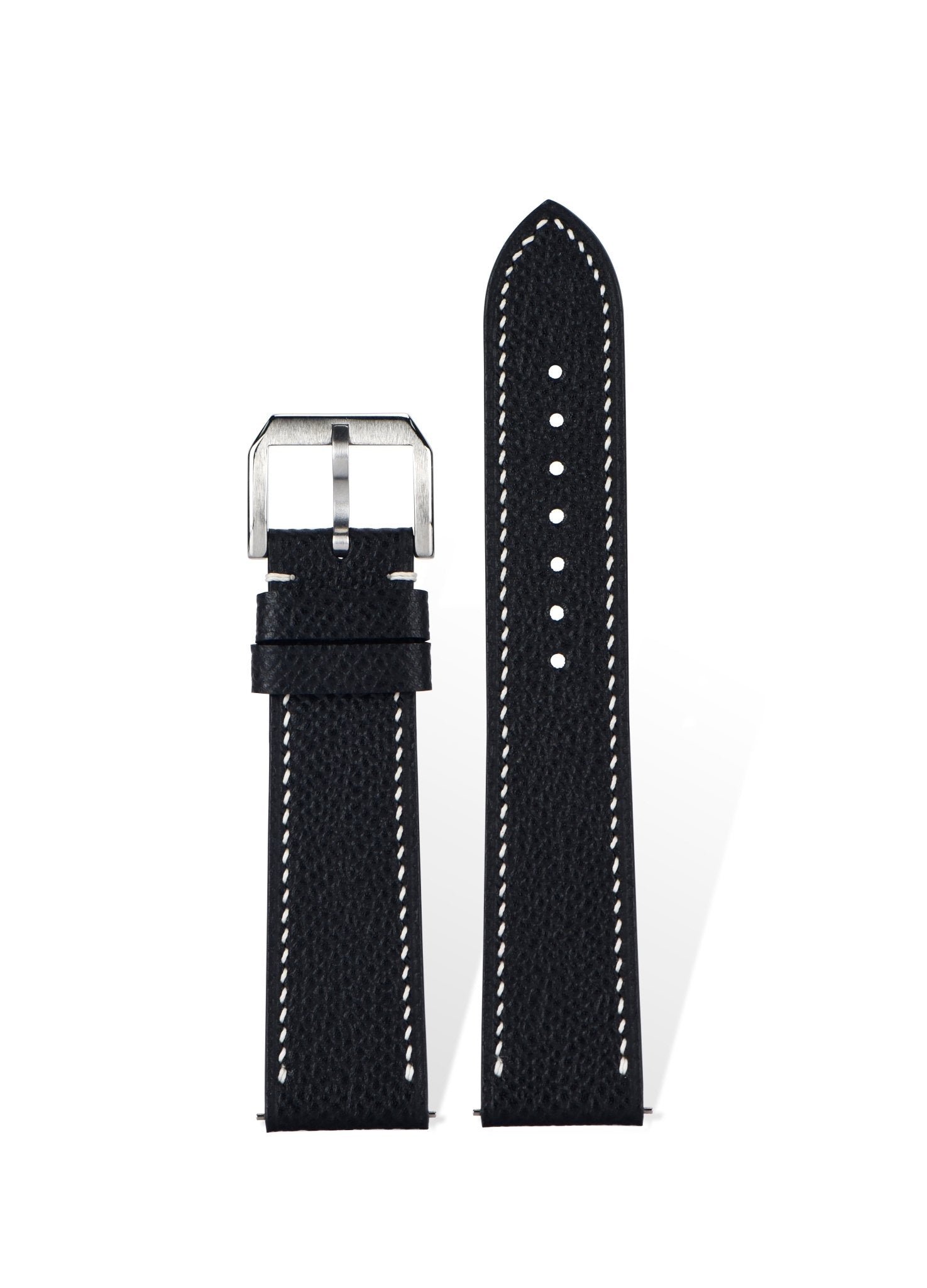 Handcrafted Hermès-inspired EPSOM leather strap in Black, quick-release spring bars compatible with 20mm lugs, French embossed palm-grain texture with luxury box-standard craftsmanship