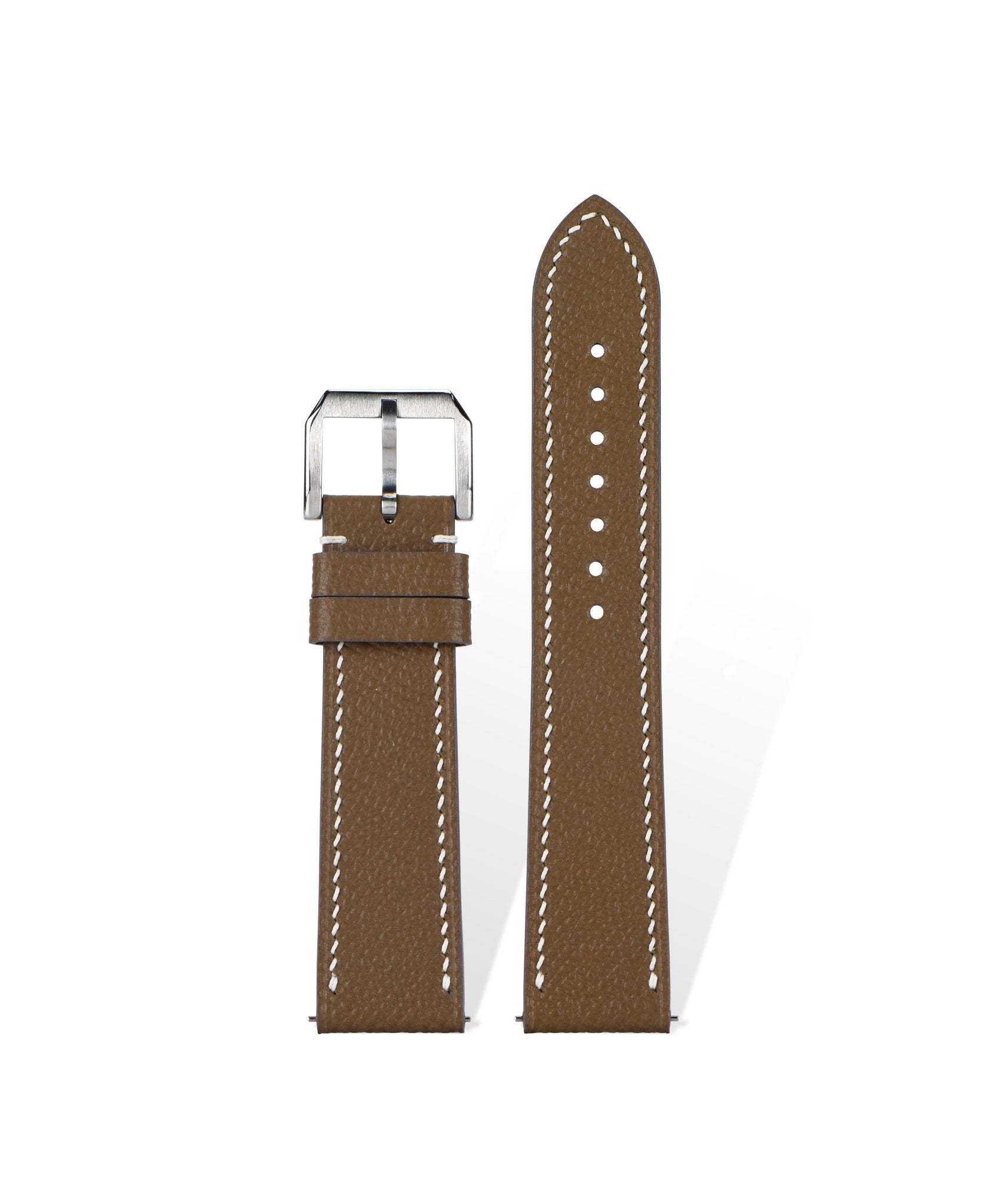 Handcrafted Hermès-inspired EPSOM leather strap in Brown, quick-release spring bars compatible with 20mm lugs, French embossed palm-grain texture with luxury box-standard craftsmanship