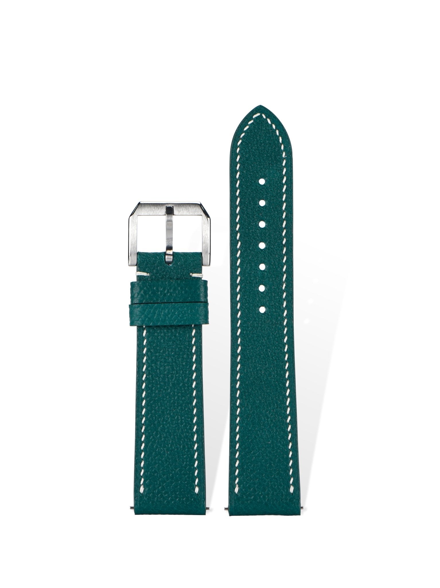 Handcrafted Hermès-inspired EPSOM leather strap in Pantone 19-0411, quick-release spring bars compatible with 20mm lugs, French embossed palm-grain texture with luxury box-standard craftsmanship