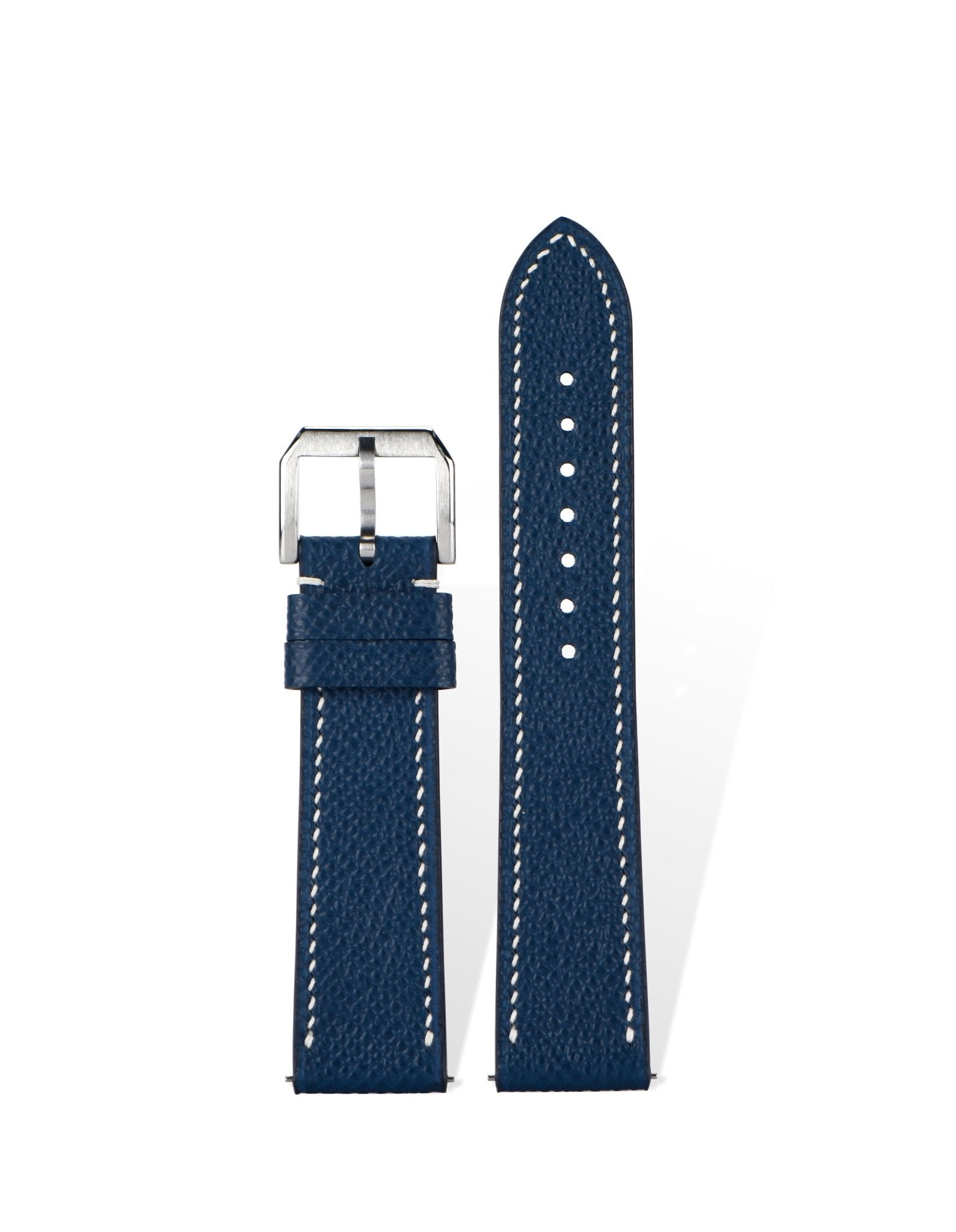 Handcrafted Hermès-inspired EPSOM leather strap in Deep Blue, quick-release spring bars compatible with 20mm lugs, French embossed palm-grain texture with luxury box-standard craftsmanship.