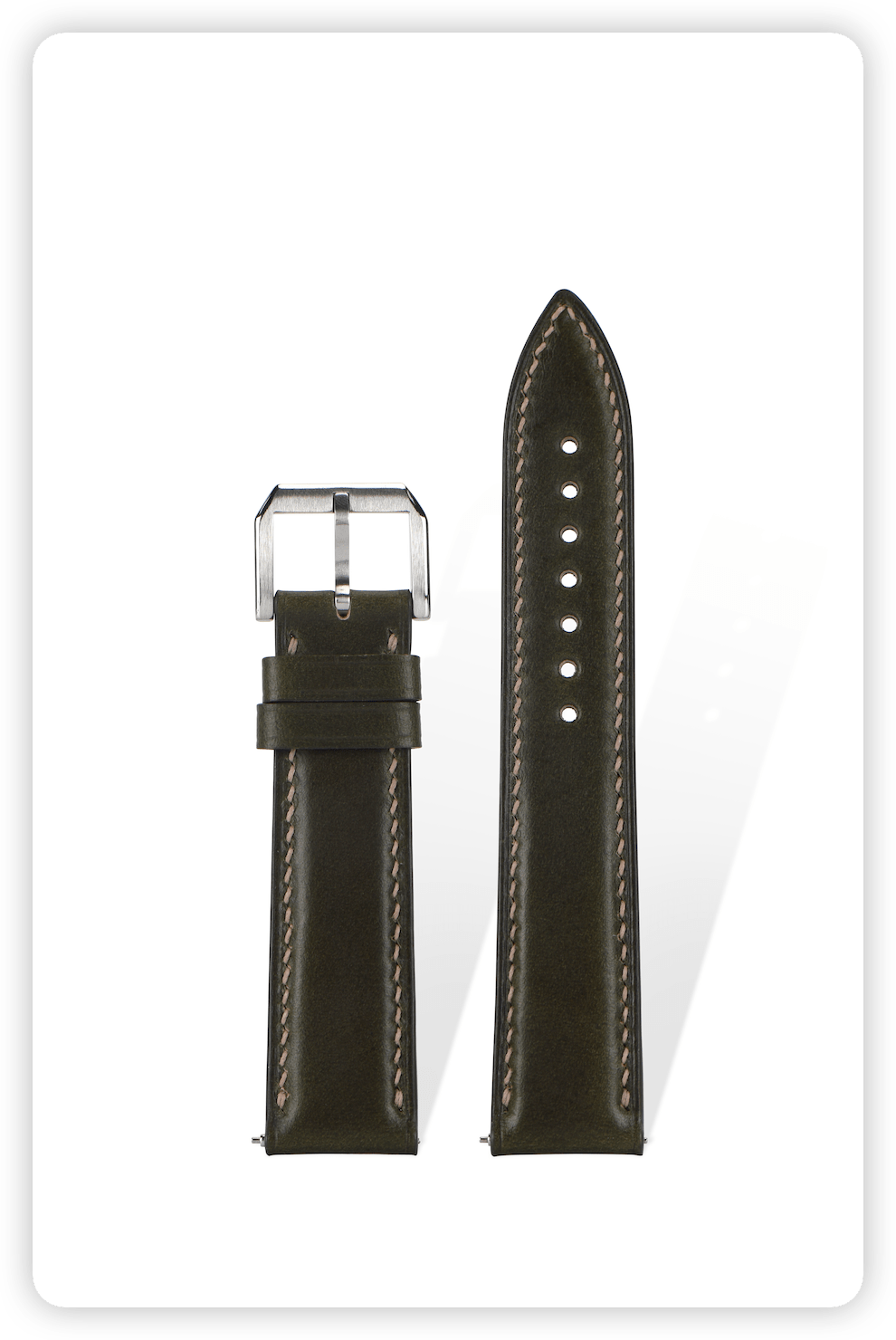 Handcrafted Horween Chromexcel leather strap in Olive Green, quick-release spring bars compatible with 20mm Rolex/Omega lugs, French oil-tanned with natural wax finish.