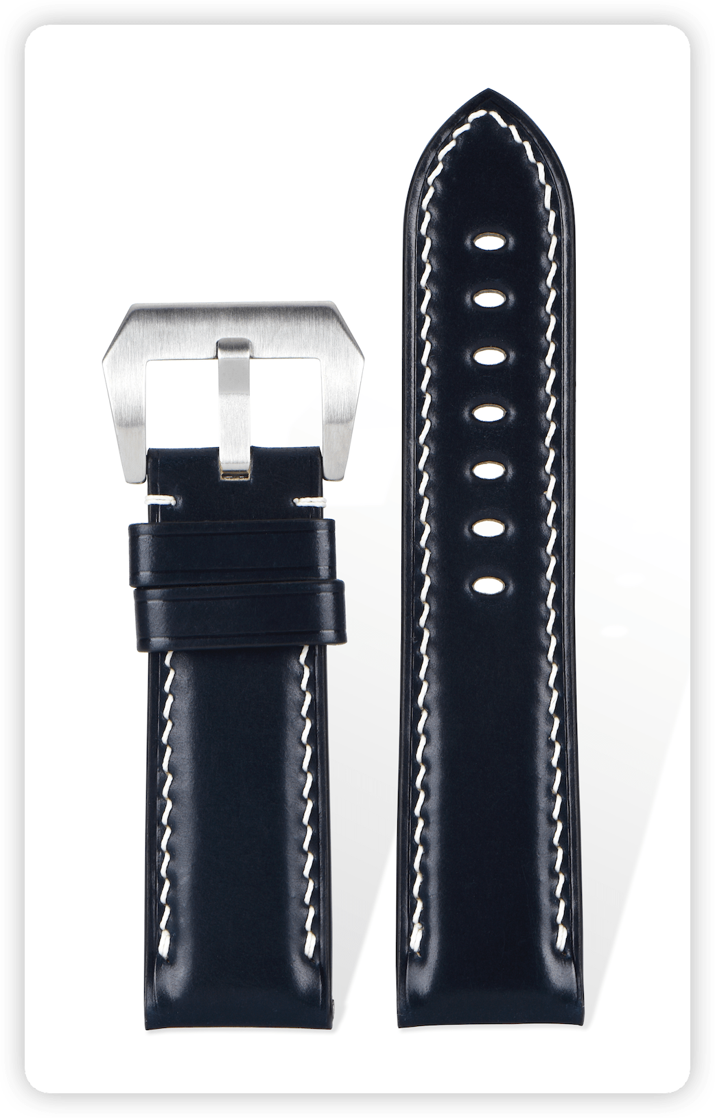 Handcrafted Horween Cordovan Dark Blue leather strap with OP buckle, 3mm dual-needle stitching, French vegetable-tanned cattlehide, compatible with 20mm Rolex lugs quick-release system.