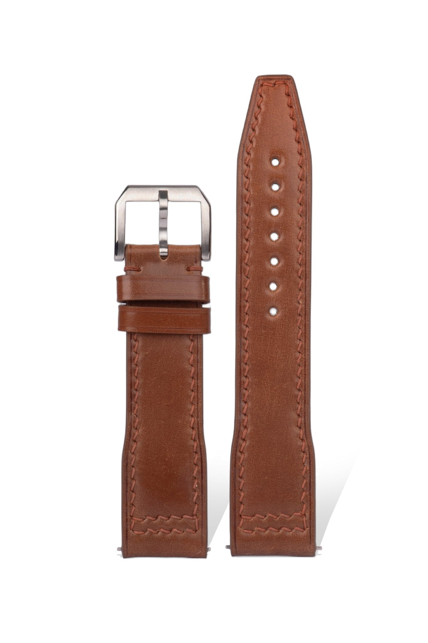 Handcrafted Horween Cordovan pilot strap in Pantone Bourbon 18-1132, quick-release spring bars compatible with 20mm IWC Top Gun/Zenith Pilot lugs, Horween's signature oil-tanned process.