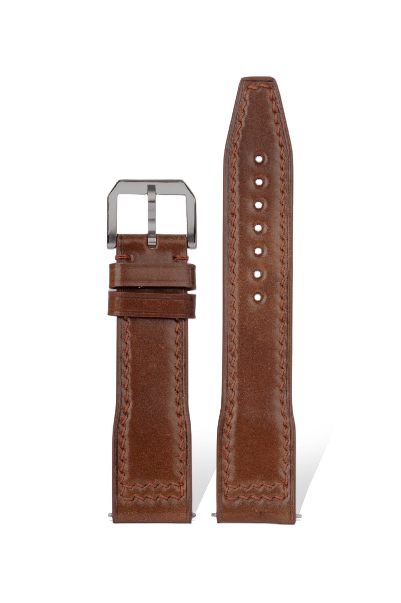 Handcrafted Horween Cordovan leather pilot strap in Cognac Brown (Pantone 18-1231 TCX), quick-release spring bars compatible with 20mm Omega/Rolex/IWC lugs, Horween's oil-tanned process & engraving customization.